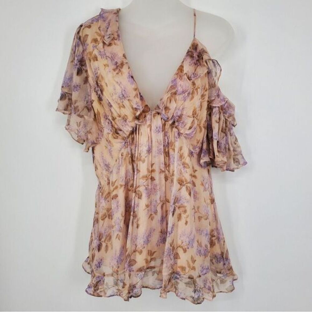 Zimmermann Peach Floral Silk Ruffle Cold-Shoulder Blouse with Lavender Print